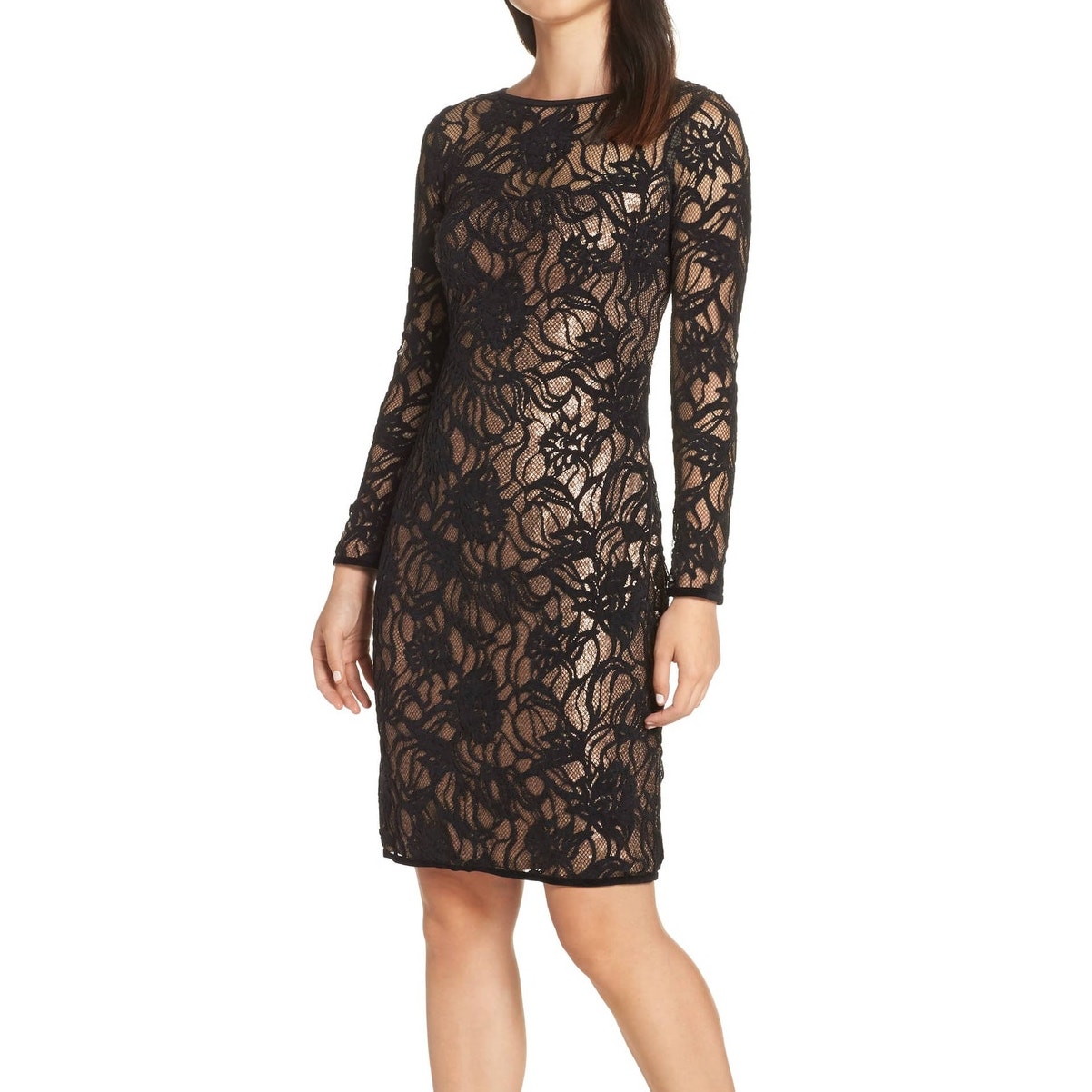 Tadashi Shoji Vita Sequin Floral Lace Over Bodycon Mini Dress 2 Black Sheath